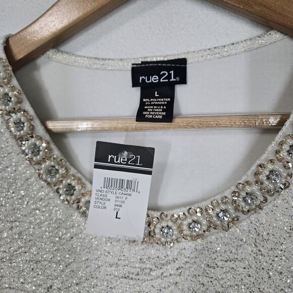 VTG Rue21 Top L White Metallic Gold Sparkle Pearls Rhinestones McBling Evening - Picture 9 of 13